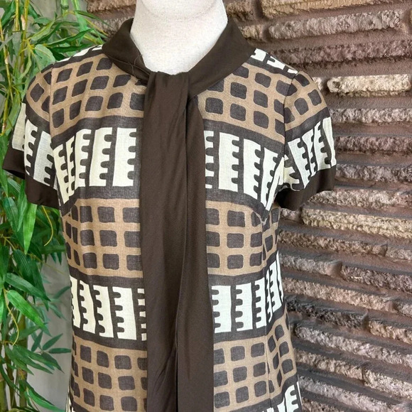 Vintage 60's Carol Craig Brown Geometric Big Bow Modest Sheath Dress - Picture 5 of 7